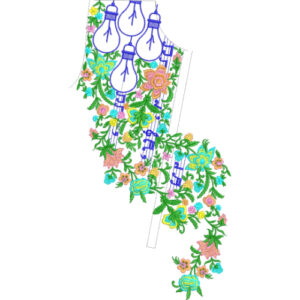 Decorative Lantern Floral Neckline Embroidery Design with Hanging Lights and Botanical Vine Pattern