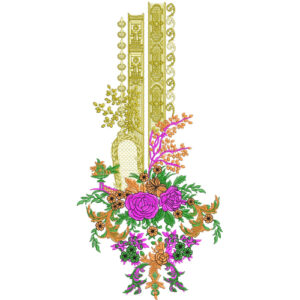 Royal Ornamental Floral Neckline Embroidery Design with Decorative Panel and Rose Bouquet