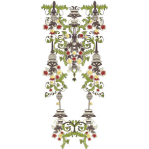 Vintage Royal Chandelier Neckline Embroidery Design with Ornamental Floral and Hanging Motifs