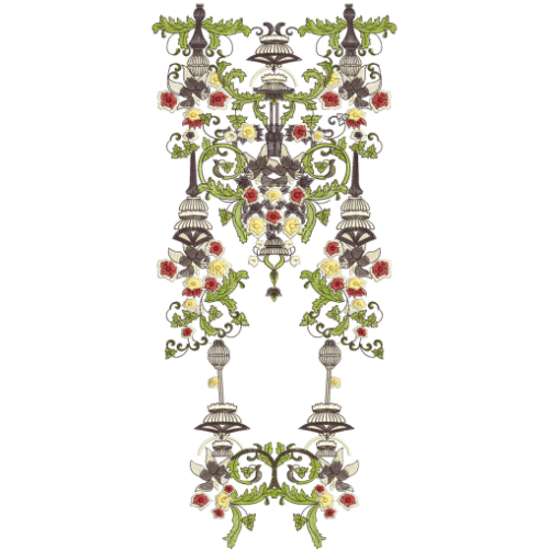 Vintage Royal Chandelier Neckline Embroidery Design with Ornamental Floral and Hanging Motifs