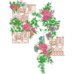 Architectural Floral Neckline Embroidery Design with Vintage Building Motif and Rose Vines