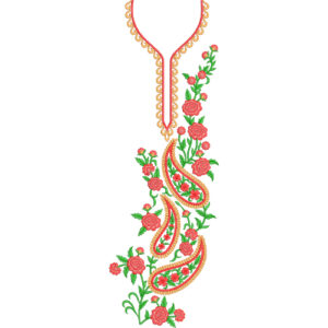 Classic Paisley Rose Neckline Embroidery Design with Elegant V-Slit and Floral Vine Pattern