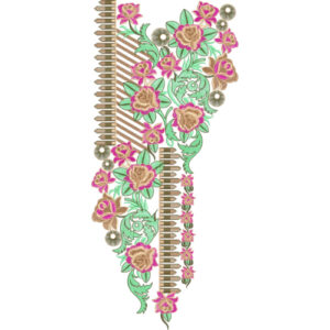 Stylish Floral Panel Neckline Embroidery Design with Decorative Border and Rose Vines