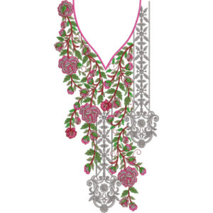 Elegant Rose Vine V-Neck Embroidery Design with Ornamental Silver Panel and Floral Cascading Pattern