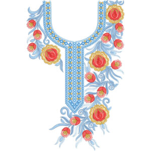 Blue and Coral Rose Neckline Embroidery Design with Elegant Flowing Floral Vines