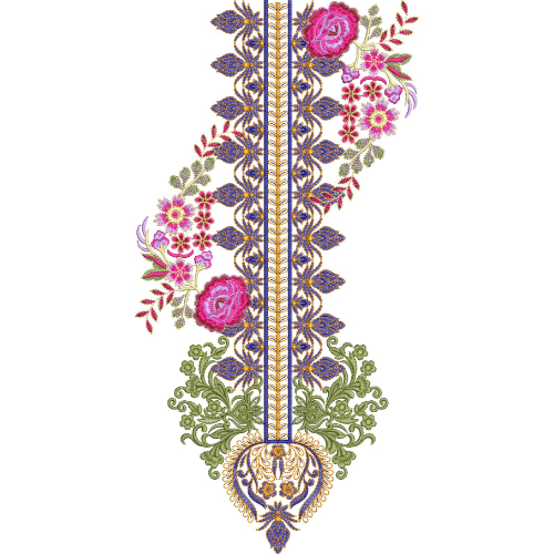 Royal Vertical Floral Neckline Embroidery Design with Ornamental Border and Pink Roses