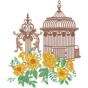 Vintage Birdcage and Sunflower Floral Embroidery Design with Ornamental Garden Motif