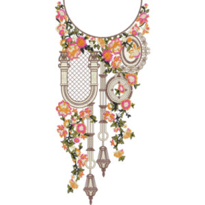 Ornamental Vintage Arch Neckline Embroidery with Floral Vines and Hanging Tassel Motifs