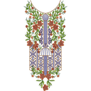 Royal Mughal Garden Gate Neckline Embroidery Design with Floral Vine and Architectural Motifs