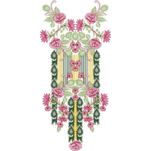 Elegant Vintage Floral Panel Neckline Embroidery Design with Rose and Leaf Cascades