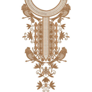 Royal Monochrome Bird Motif Neckline Embroidery Design with Ornamental Floral Detailing