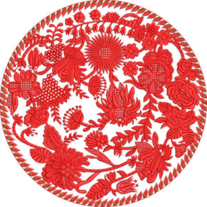 Traditional Circular Floral Embroidery Design with Dense Red Botanical Pattern