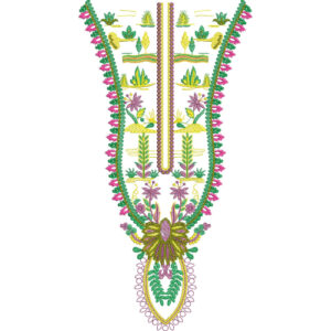 Traditional Multicolor V-Neckline Embroidery Design with Floral Garden Motif