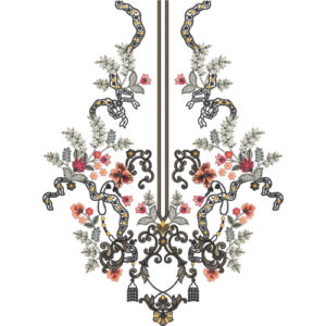 Elegant Symmetrical Floral Scroll Neckline Embroidery Design with Vintage Ornamental Detailing