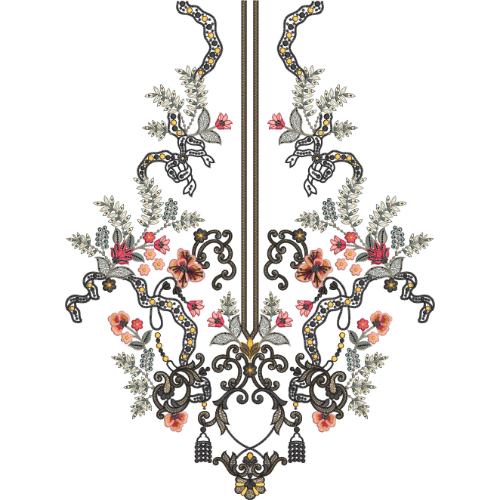 Elegant Symmetrical Floral Scroll Neckline Embroidery Design with Vintage Ornamental Detailing