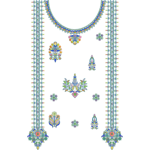 Elegant Multicolor Floral Neckline Embroidery Design with Traditional Side Borders