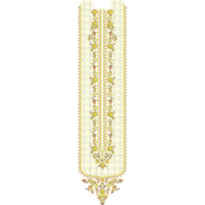 Elegant Long Panel Floral Neckline Embroidery Design with Light Golden Threadwork