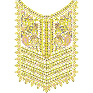 Traditional Heavy Yellow Floral Neckline Embroidery Design with Ornamental Ethnic Pattern