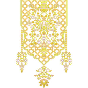 Elegant Golden Floral Panel Neckline Embroidery Design with Traditional Lattice Pattern