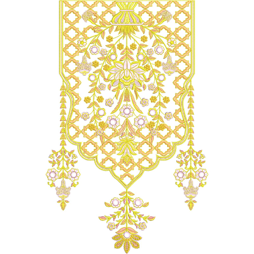 Elegant Golden Floral Panel Neckline Embroidery Design with Traditional Lattice Pattern