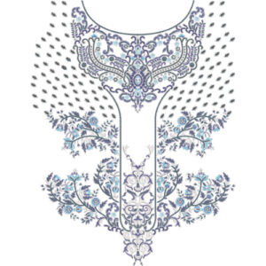 Elegant Blue Ornamental Floral Neckline Embroidery Design with Paisley and Vine Pattern