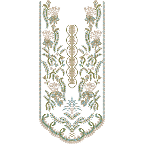Elegant Pastel Floral Long Panel Neckline Embroidery Design with Traditional Ethnic Pattern