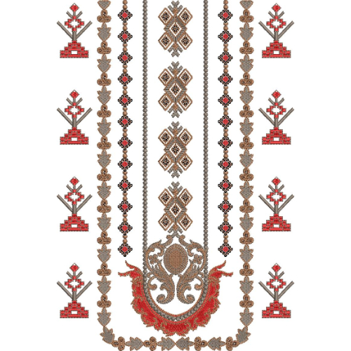 Traditional Ethnic Floral and Geometric Long Neckline Embroidery Design with Folk Pattern