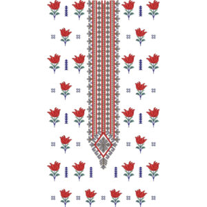 Traditional Red Floral Long Neckline Embroidery Design with Ethnic Geometric Panel