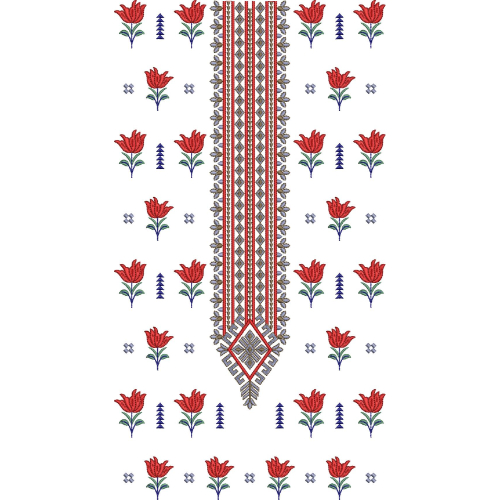 Traditional Red Floral Long Neckline Embroidery Design with Ethnic Geometric Panel