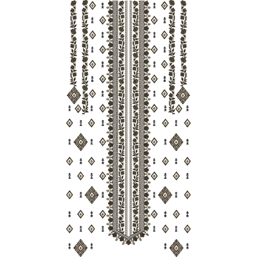 Classic Monochrome Ethnic Long Neckline Embroidery Design with Floral and Geometric Pattern