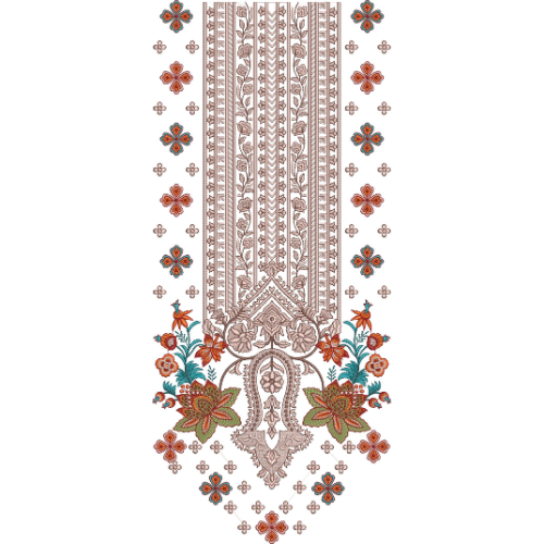Elegant Traditional Floral Long Neckline Embroidery Design with Ethnic Border Pattern