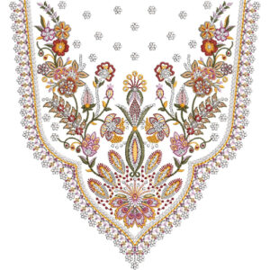 Traditional Floral V-Shape Neckline Embroidery Design with Ethnic Border and Ornamental Motifs