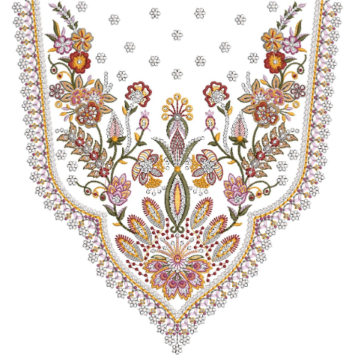 Traditional Floral V-Shape Neckline Embroidery Design with Ethnic Border and Ornamental Motifs