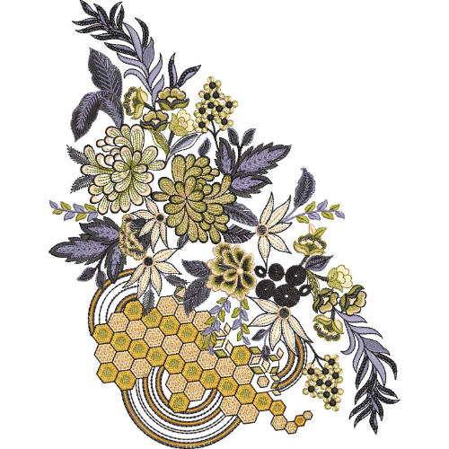 Elegant Floral and Honeycomb Neckline Embroidery Design with Botanical and Geometric Motifs