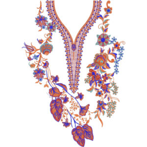 Vibrant Floral V-Neckline Embroidery Design with Elegant Vine and Botanical Motifs