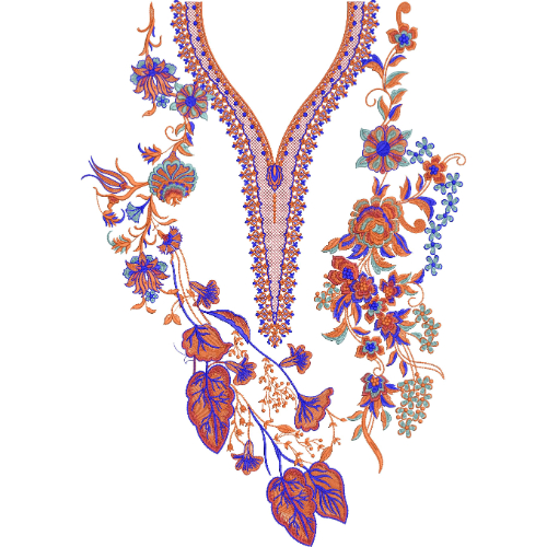 Vibrant Floral V-Neckline Embroidery Design with Elegant Vine and Botanical Motifs