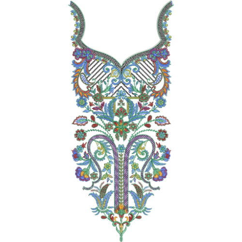 Luxury Multicolor Ornamental Neckline Embroidery Design with Floral and Paisley Motifs