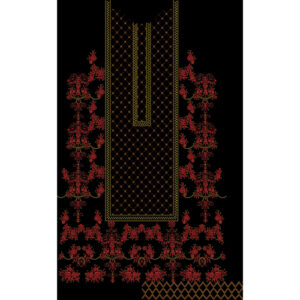 Elegant Red Floral Neckline Embroidery Design with Geometric Lattice Panel