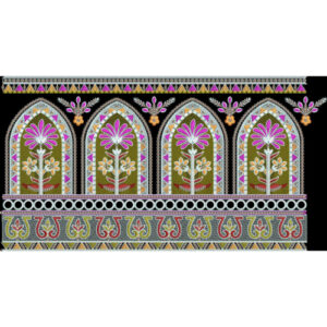 Traditional Arched Floral Border Embroidery Design with Multicolor Motifs