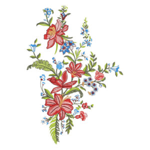 Elegant Botanical Floral Textile Print with Red Blossoms and Blue Accents