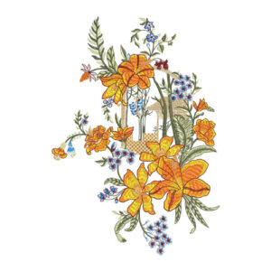 Golden Yellow Floral Botanical Textile Print with Delicate Blue Highlights