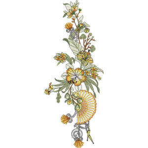 Elegant Yellow Floral Botanical Textile Print with Fan Motif Accents