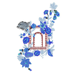 Royal Blue Floral Botanical Textile Print with Decorative Arch Frame Motif