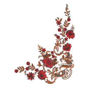 Ornate Red and Copper Floral Botanical Textile Print with Curved Vine Composition