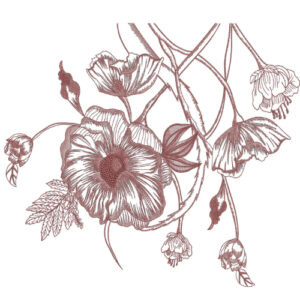 Vintage Monochrome Floral Line Art Textile Print with Elegant Botanical Detailing