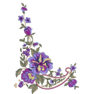 Elegant Purple and Blue Floral Botanical Textile Print with Ornamental Curve Accent