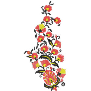 Bold Red and Yellow Floral Botanical Textile Print with Black Ornamental Vines