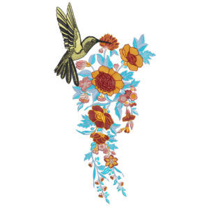 Exotic Floral Botanical Textile Print with Hummingbird and Cascading Blooms