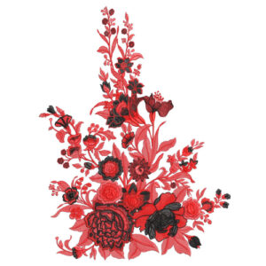 Bold Red and Black Floral Botanical Textile Print with Dramatic Vertical Arrangement