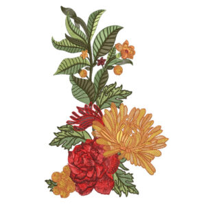 Warm Red and Golden Floral Botanical Textile Print with Lush Green Foliage